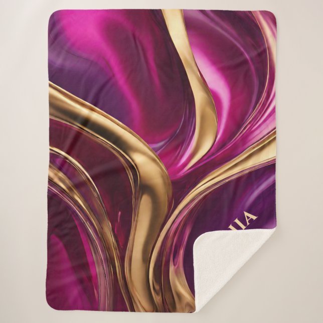 Abstract Flow Art-Fuchsia Purple and Gold- Sherpa Blanket (Front)