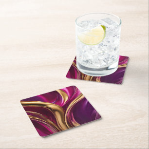 Abstract Flow Art-Fuchsia Purple and Gold- Square Paper Coaster