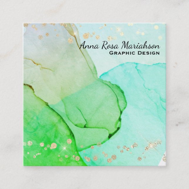 *~* Abstract Flow Bubbles Mint Green Yellow Blue Square Business Card (Front)