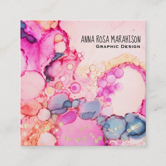 *~* Abstract Flow Bubbles Peach Pink Blue Square Business Card (Front)