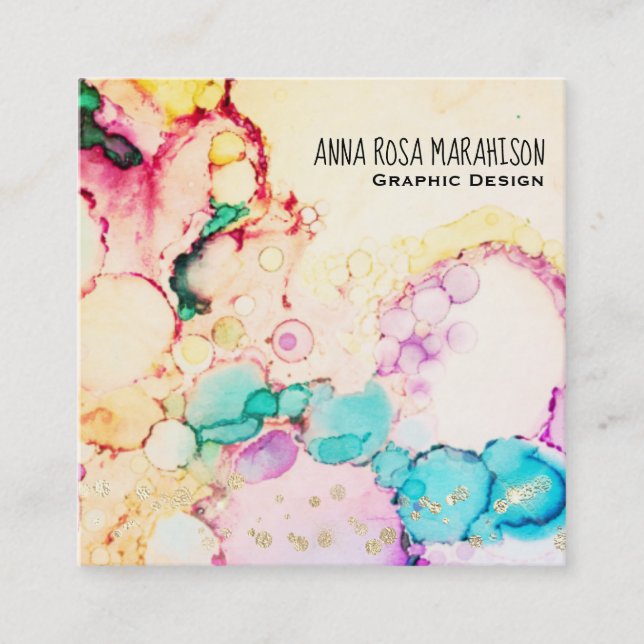 *~* Abstract Flow Bubbles Peach Yellow Blue Square Business Card (Front)