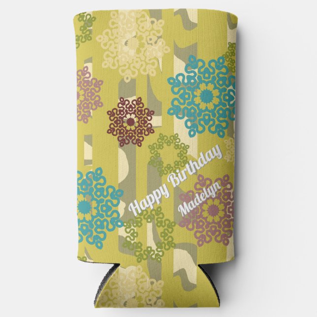 Abstract Flower and Camouflage Stripes Pattern Seltzer Can Cooler (Front)