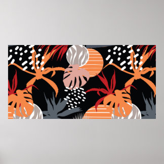 Abstract flower and tropical leaves drawing seamle poster