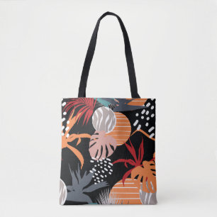 Abstract flower and tropical leaves drawing seamle tote bag