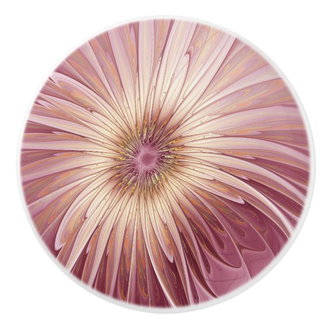 Abstract Flower Fractal Art & Shades of Burgundy Ceramic Knob (Front)