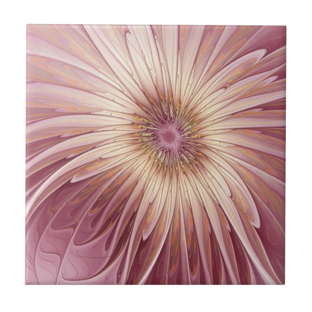 Abstract Flower Fractal Art & Shades of Burgundy Ceramic Tile (Front)
