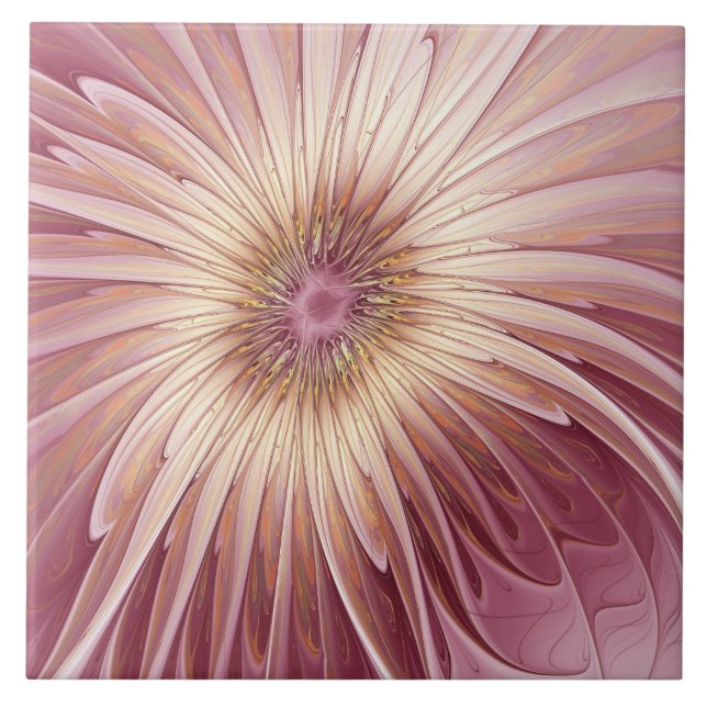 Abstract Flower Fractal Art & Shades of Burgundy Ceramic Tile (Front)