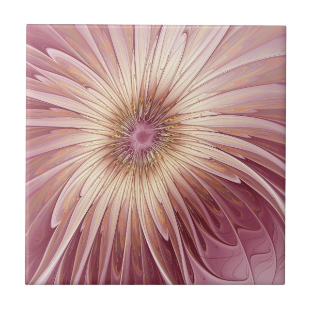 Abstract Flower Fractal Art & Shades of Burgundy Ceramic Tile (Front)