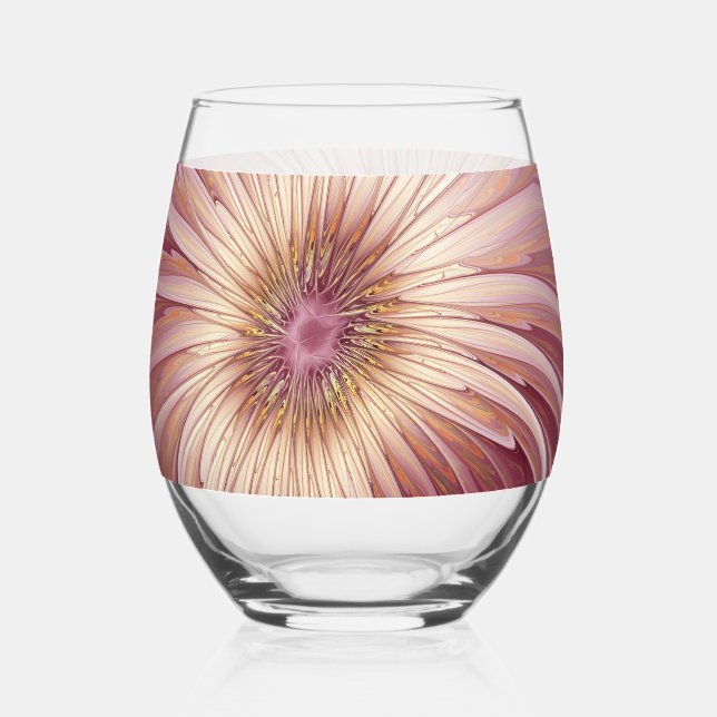 Abstract Flower Fractal Art & Shades of Burgundy Stemless Wine Glass (Front)