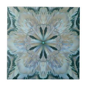 Abstract Flower Fractal Teal White Blue Grey Ceramic Tile