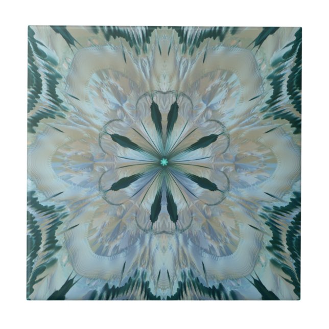 Abstract Flower Fractal Teal White Blue Grey Ceramic Tile (Front)