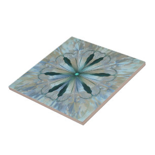 Abstract Flower Fractal Teal White Blue Grey Ceramic Tile