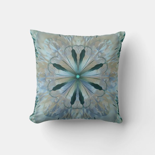 Abstract Flower Fractal Teal White Blue Grey Cushion (Front)