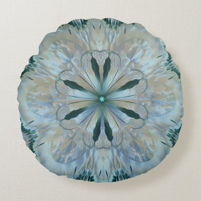 Abstract Flower Fractal Teal White Blue Grey Round Cushion (Front)
