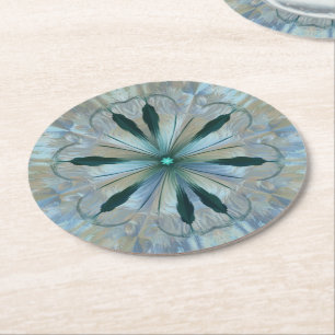 Abstract Flower Fractal Teal White Blue Grey Round Paper Coaster