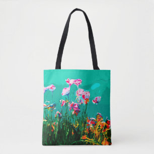 Abstract flower painting teal pink orange tote bag