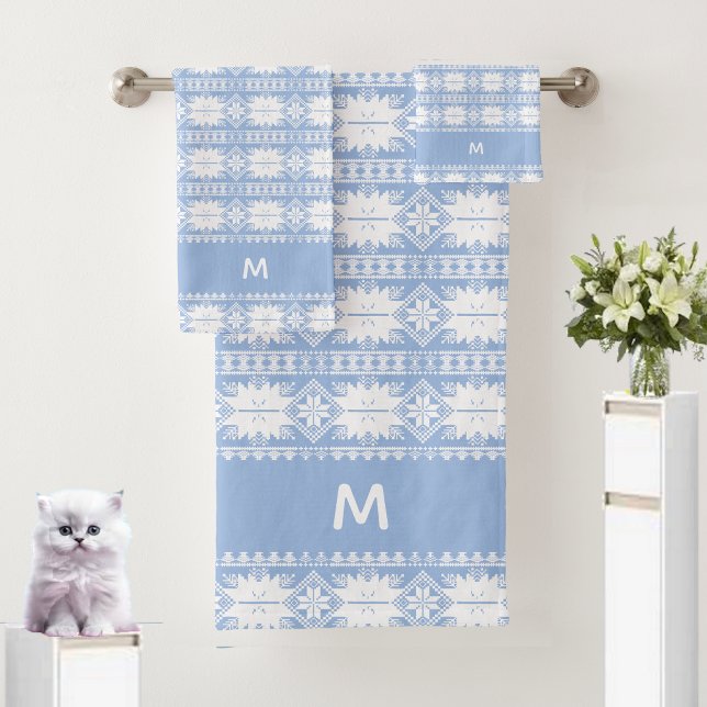 Abstract Flower Pattern on Light Blue & White  Bath Towel Set (Creator Uploaded)