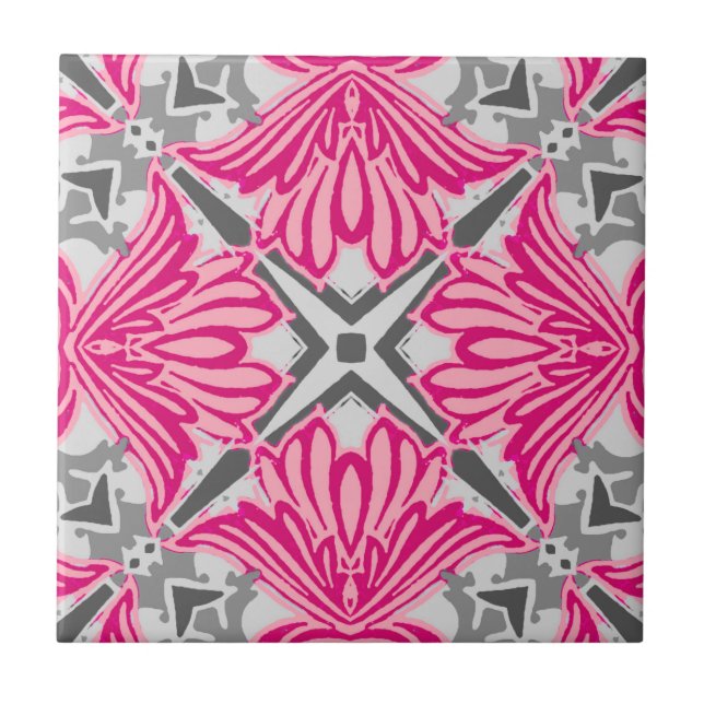 Abstract Flower Petals Fuchsia Pink and Grey  Ceramic Tile (Front)