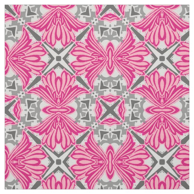 Abstract Flower Petals Fuchsia Pink and Grey   Fabric (Swatch)