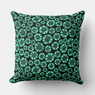Abstract Flowers 031023 - Turquoise on Black Cushion