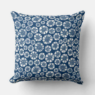 Abstract Flowers 031023 - White on Shibori Blue Cushion