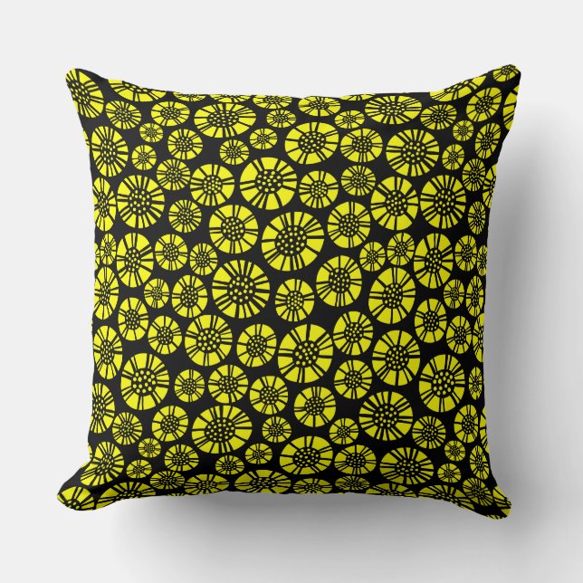 Abstract Flowers 031023 - Yellow on Black Cushion (Front)