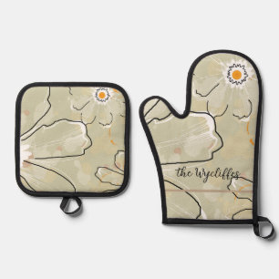 Abstract Flowers Add a Name Large Oven Mitt & Pot Holder Set