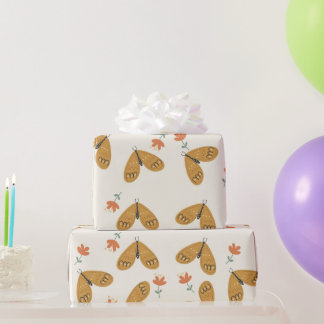 abstract flowers and butterfly on soft yellow boho wrapping paper