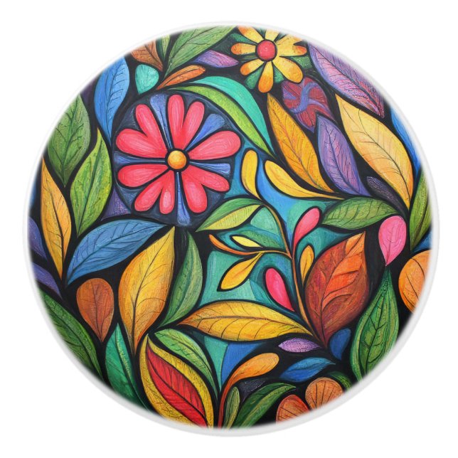 Abstract Flowers and Leaves  Ceramic Knob (Front)