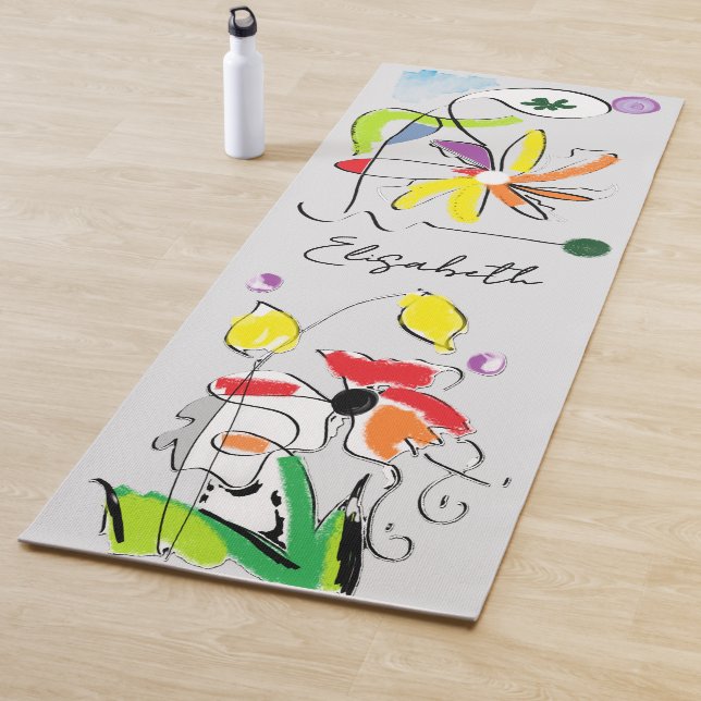 Abstract Flowers and Your name on light grey Yoga Mat (In Situ)