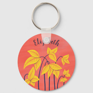 Abstract Flowers Coral Yellow Floral Art Name Key Ring