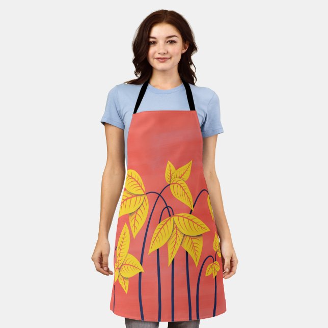 Abstract Flowers Coral Yellow Floral Geometric Art Apron (Worn)