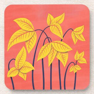 Abstract Flowers Coral Yellow Floral Geometric Art Coaster