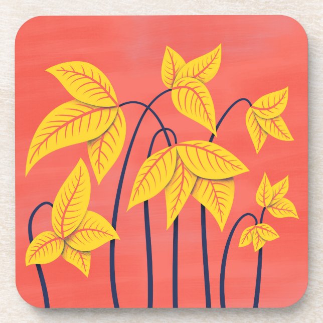 Abstract Flowers Coral Yellow Floral Geometric Art Coaster (Front)