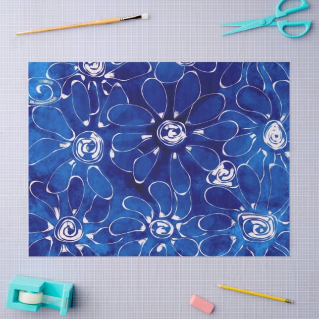 Abstract Flowers Daisies Blue Floral Decoupage Tissue Paper (Craft)