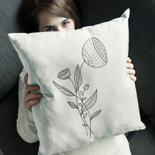 Abstract Flowers Doodle Black White Stylish Cushion