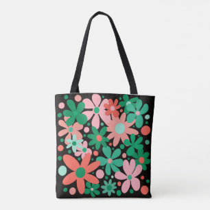 Abstract flowers in green, coral, & pink tote. tote bag