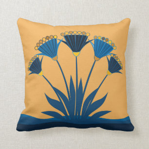 Abstract flowers, mustard yellow, navy blue, gold cushion
