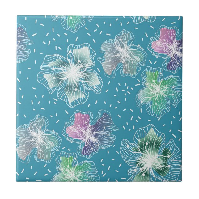 Abstract flowers on beautiful light blue tones ceramic tile (Front)