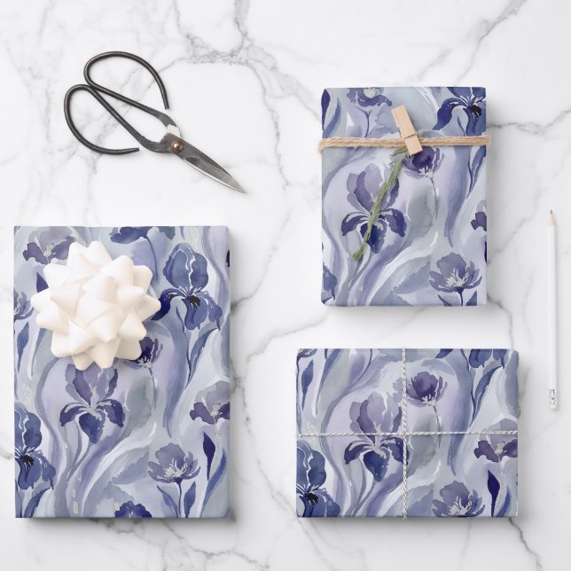Abstract Flowers Pattern Indigo Purple Iris Wrapping Paper Sheet (Front)