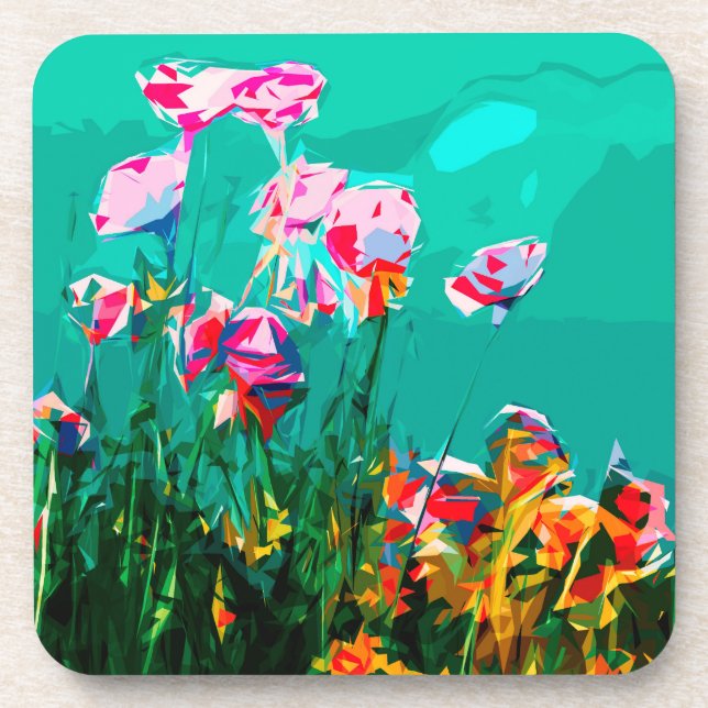 Abstract Flowers teal purple orange Coaster (Front)