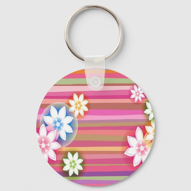 Abstract Flowers Warm Colours Pink Stripes Key Ring (Front)