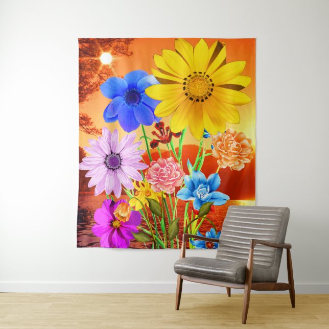 Abstract Flowers With Sunset - Colourful Flowering Tapestry (In Situ)