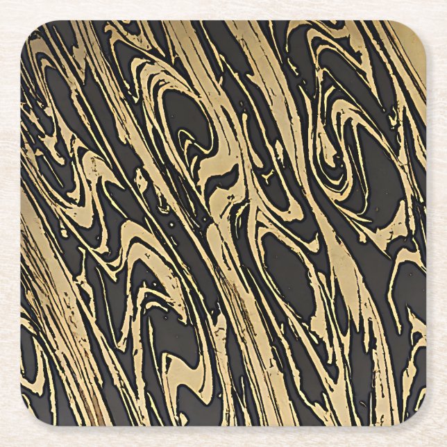 Abstract Fluid Art — Black Marble Effect Square Paper Coaster (Front)