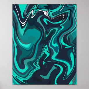 Abstract Fluid Art with Teal and black Swirls Poster
