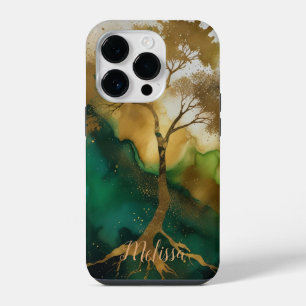 Abstract Fluid green Gold tree Personalise name Ca iPhone 14 Pro Case