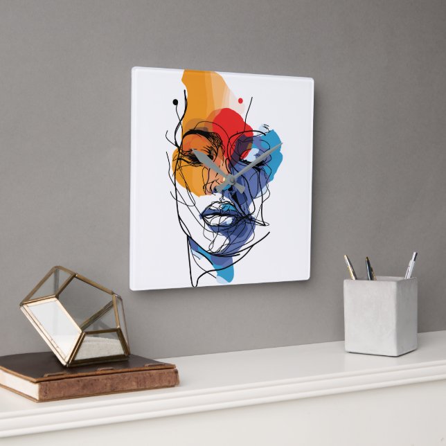 Abstract Fluid Line Face Art Square Wall Clock (Office)