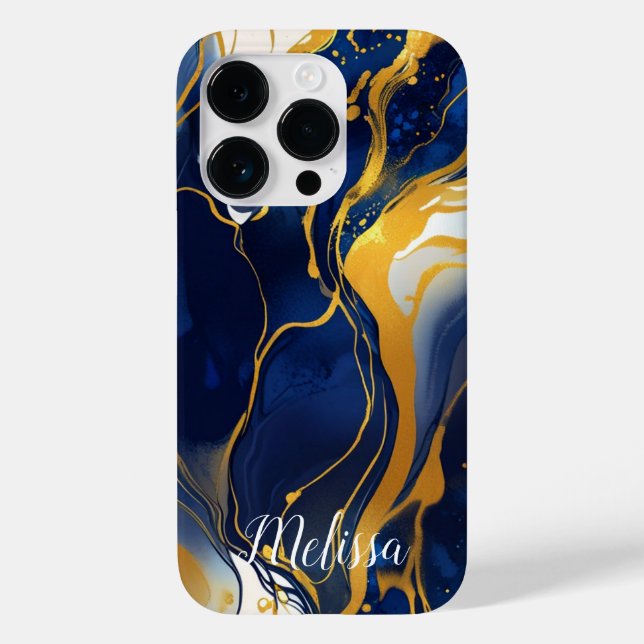 Abstract Fluid Navy Blue Gold Personalise name Case-Mate iPhone Case (Back)