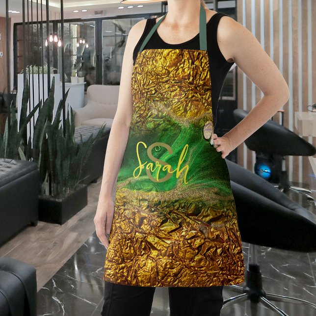 Abstract Fluid Paint Gold Metallic Foil Green Name Apron (Creator Uploaded)