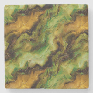 Abstract Fluid Pattern in Green and Gold Stone Coaster